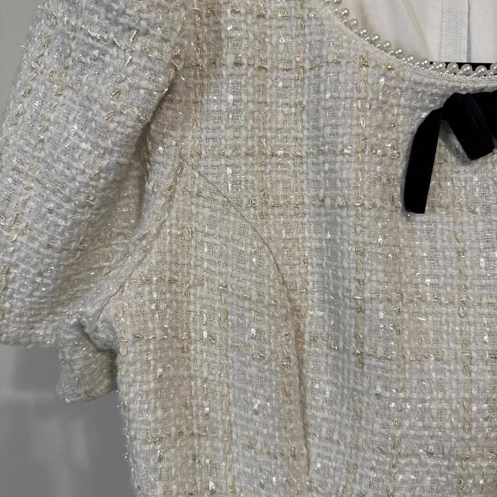 Crystal Doll Cream Boucle Sheath Dress with Gold Inlay and Pearl Collar - MED - Picture 2 of 11
